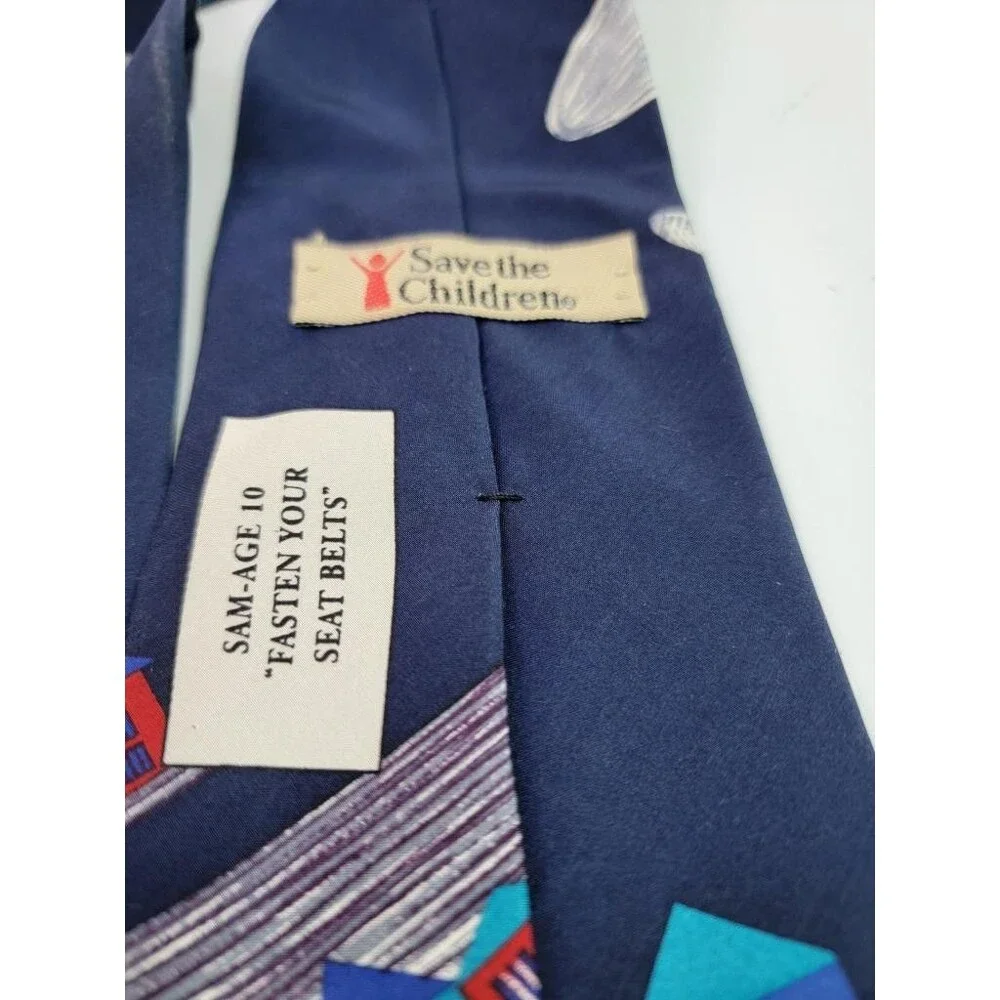 Save the Children Mens Silk Tie Navy Blue Airplane Houses Art Sam Age 10